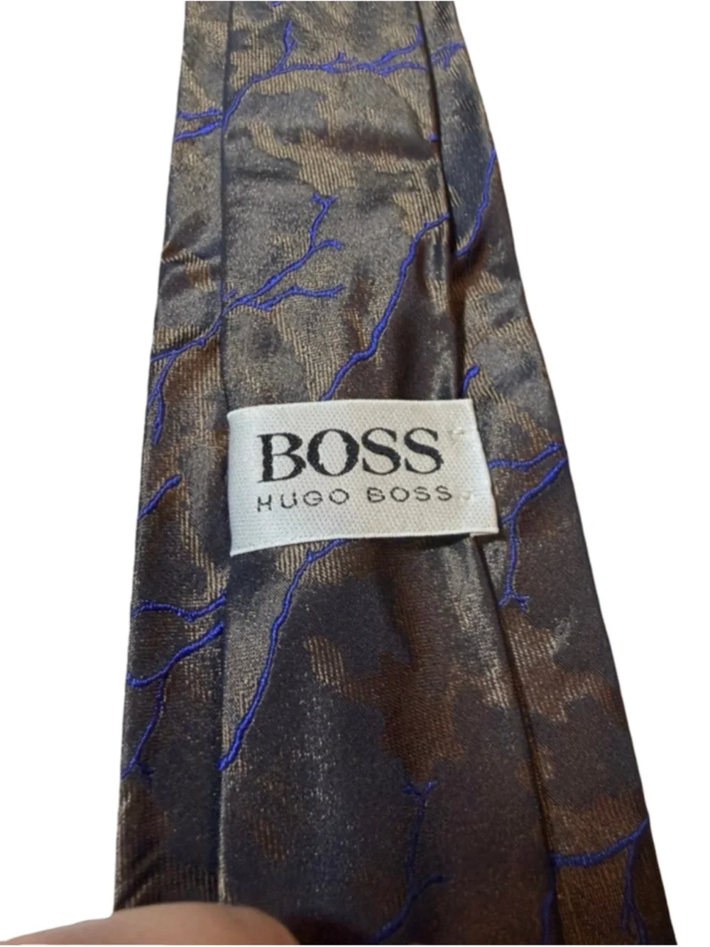 Hugo Boss Silk Tie Brown Abstract Camo Blue Branch Pattern Designer Luxury